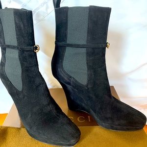 GUCCI Black Suede BOOTS, 4 inch Wedge Heel